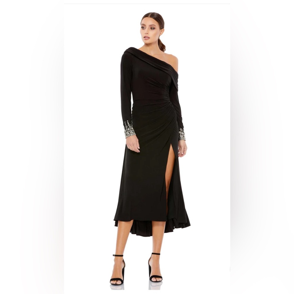 Mac Duggal FOLDOVER LONG SLEEVE JEWELED MIDI DRESS, size 14